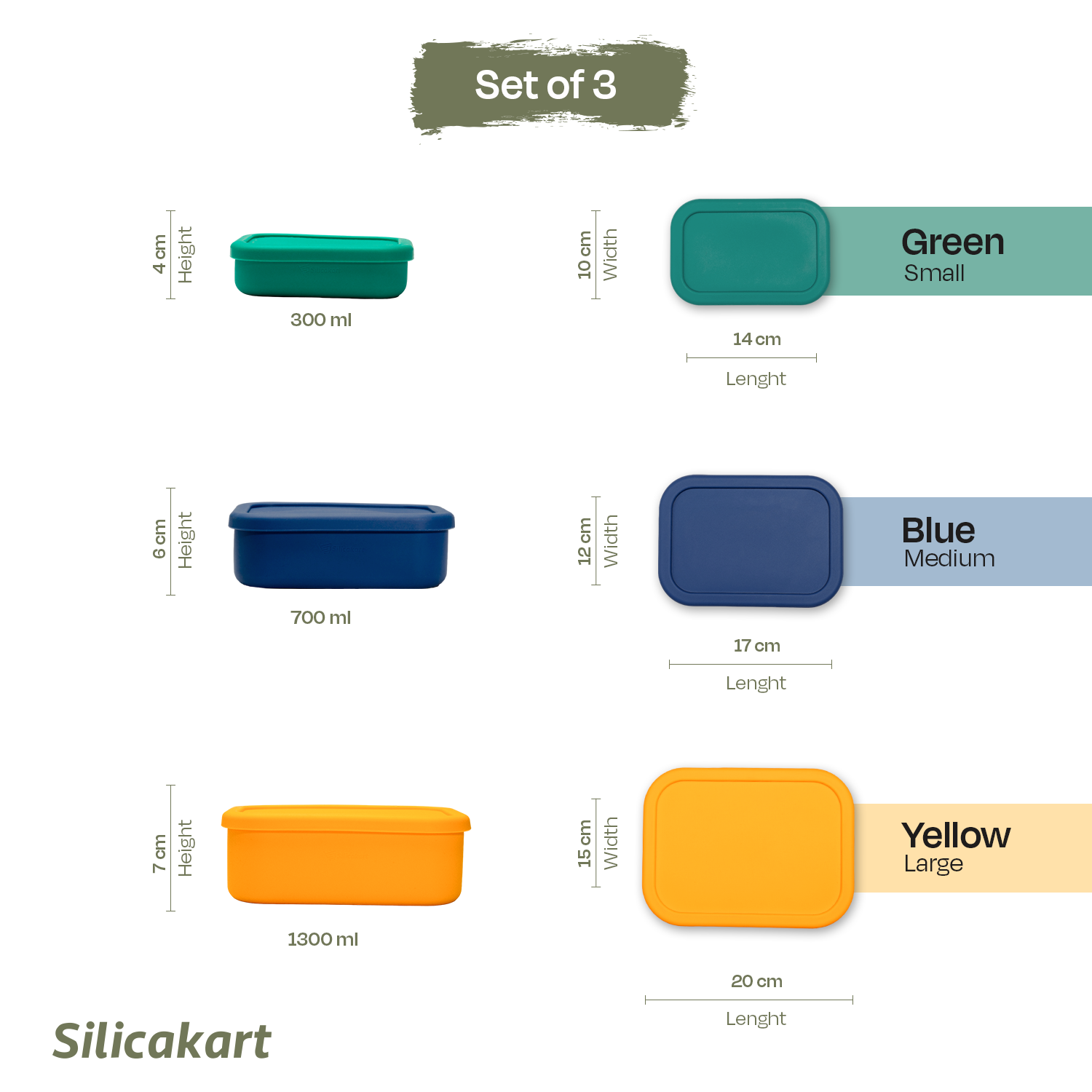 Silicakart Silicone Rectangle Bento Boxes Set of 3 (Rectangle)