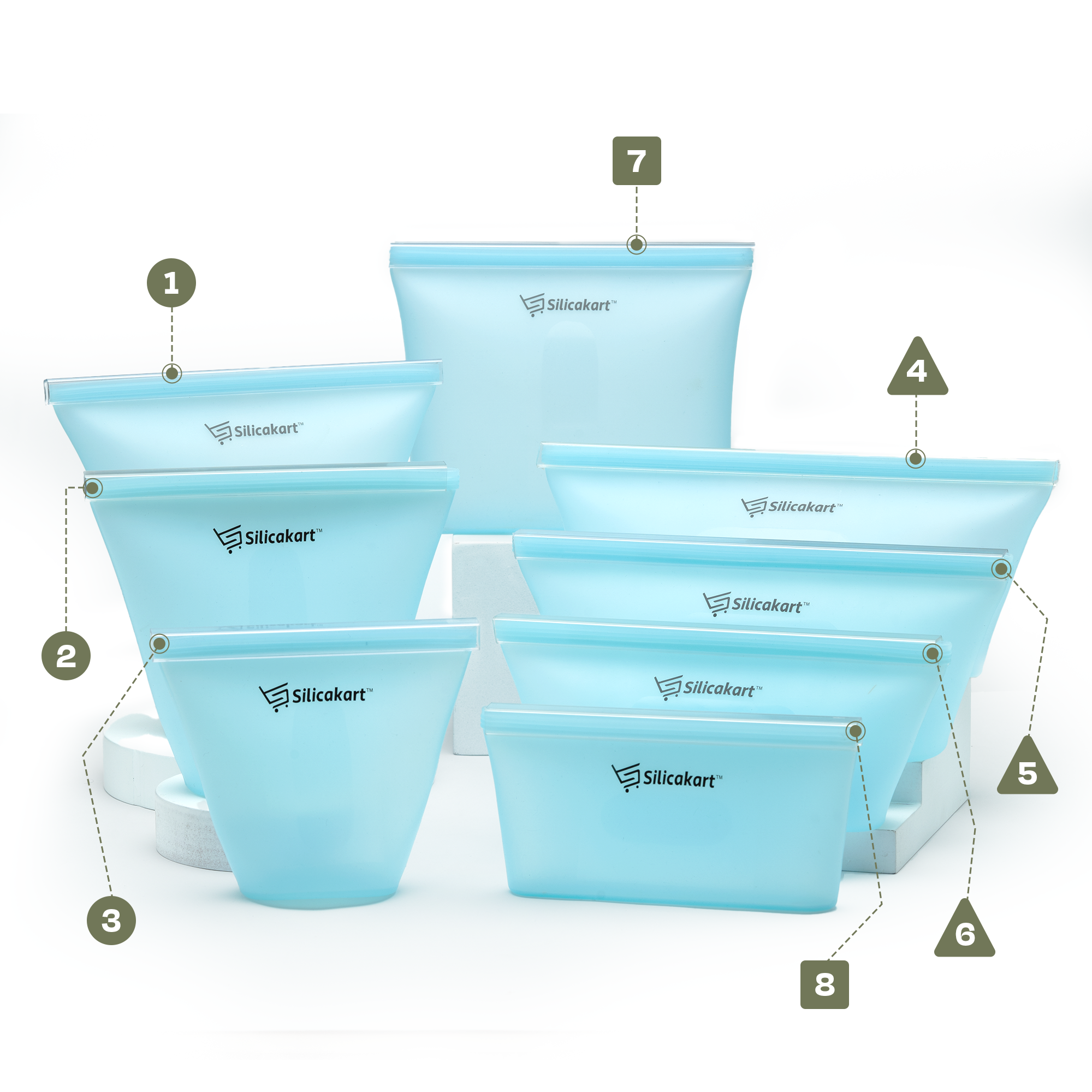 Silicakart Silicone Zip-bag  | Set of 8 (Blue)