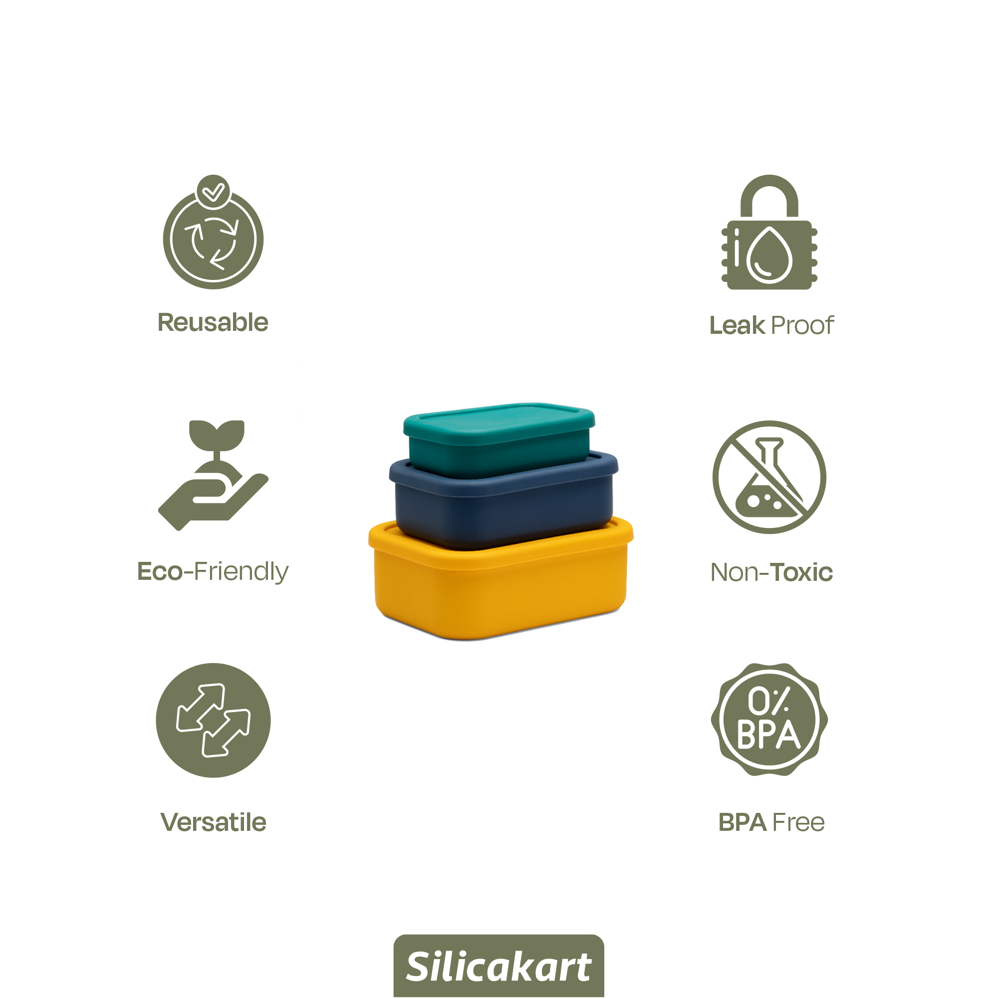 Silicakart Silicone Rectangle Bento Boxes Set of 3 (Rectangle)