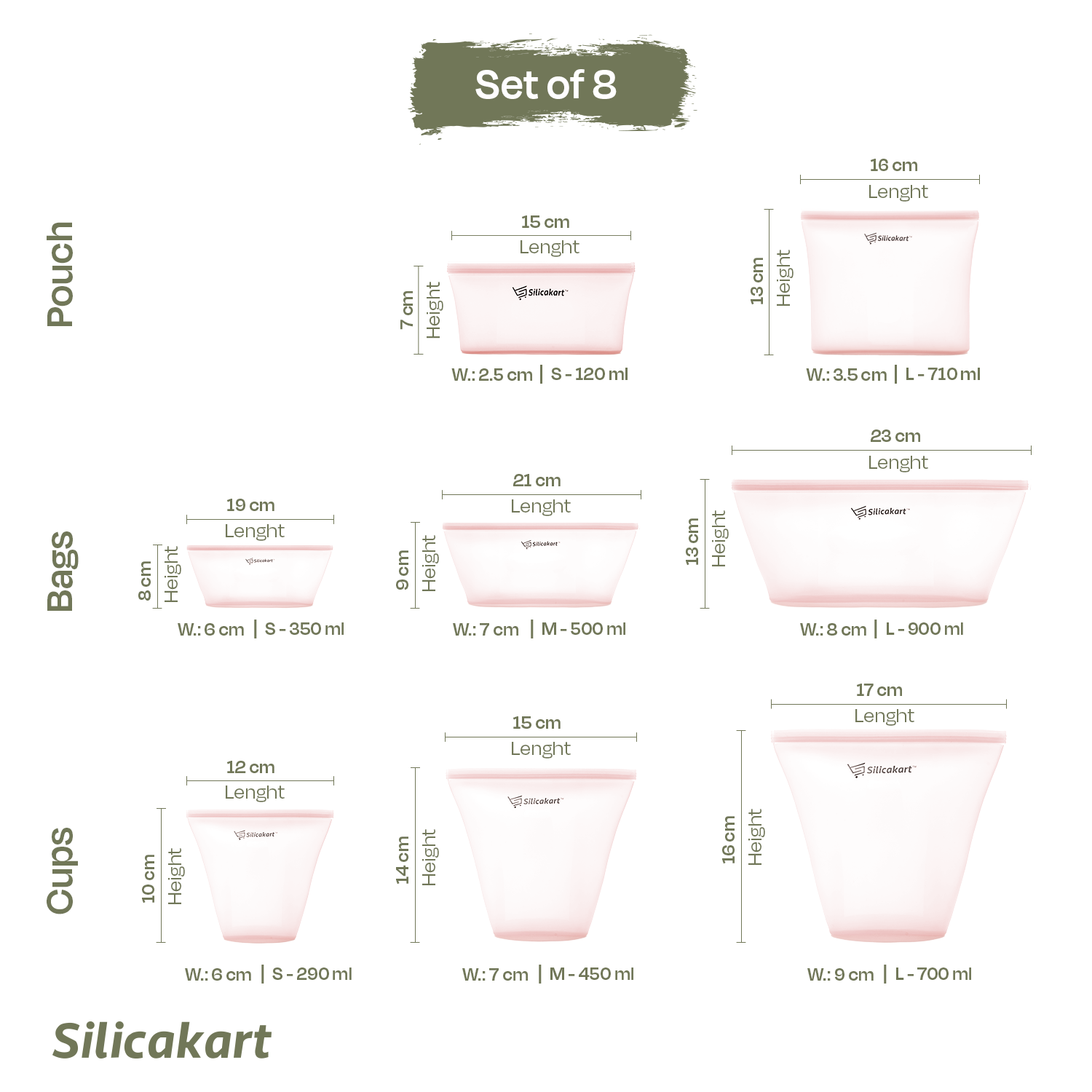 Silicakart Silicone Zip bag | Set of 8 (Pink)