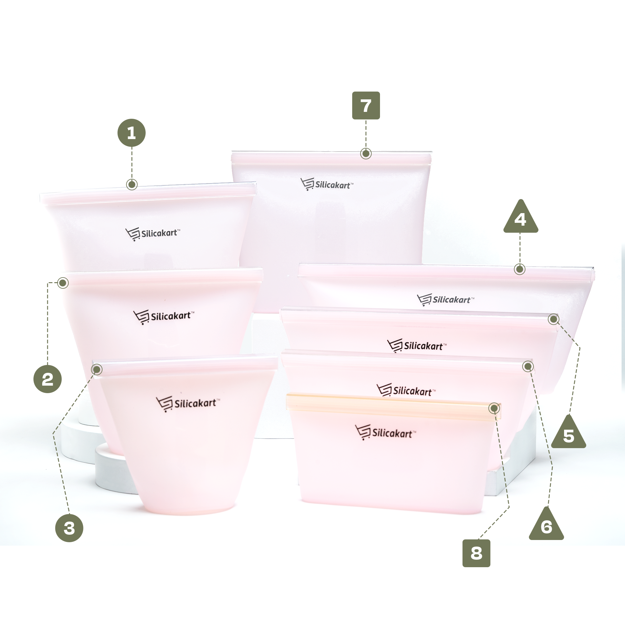 Silicakart Silicone Zip bag | Set of 8 (Pink)