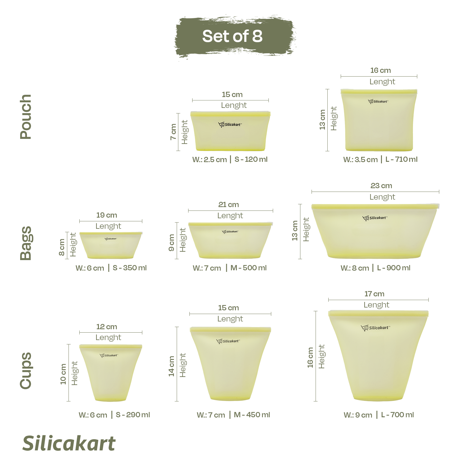 Silicakart Silicone Zip-bag  | Set of 8 (Yellow)