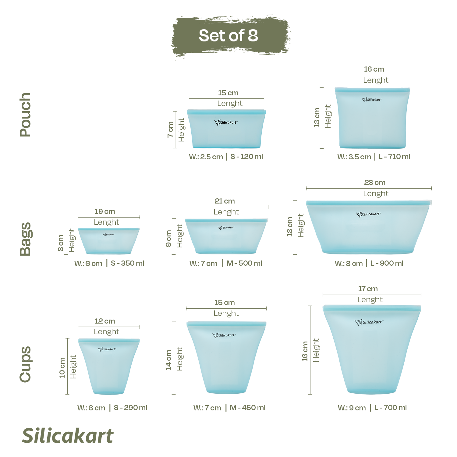 Silicakart Silicone Zip-bag  | Set of 8 (Blue)